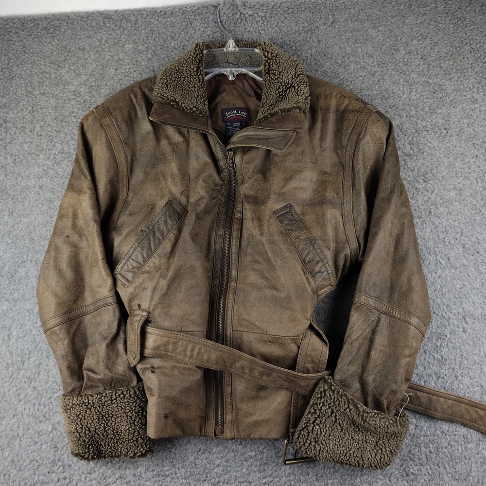 Vintage Brown Leather Shearling Jacket Belted Pilot Bomber Womens Small